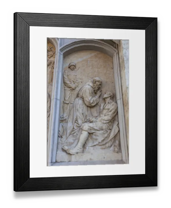 Framed Print : Stone relief, detail from a war memorial