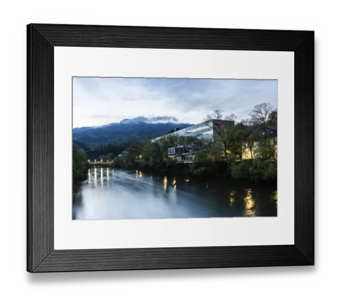 Framed Print : Evening mood, fog over hills, town hall of Leoben at the river Mur