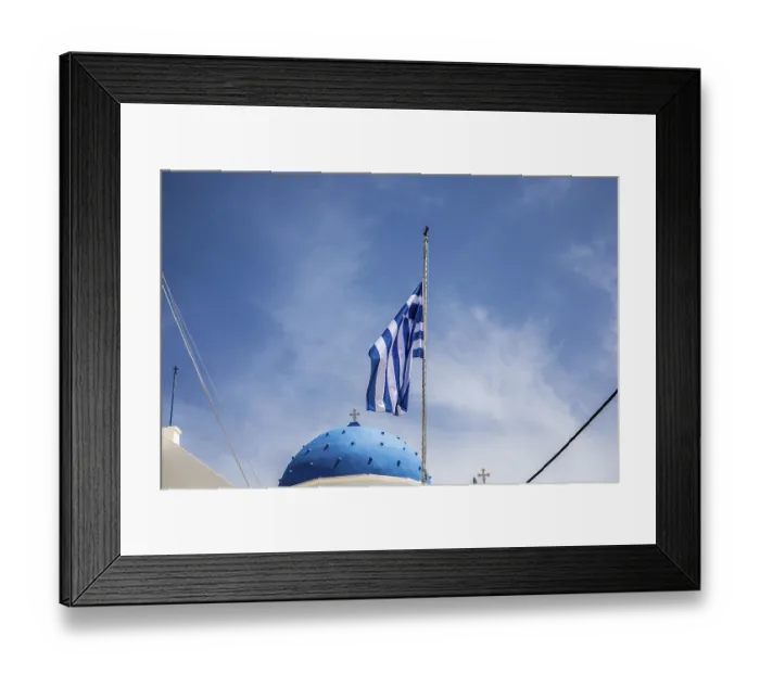 Framed Print : Greek flag waving in the wind, blue church dome