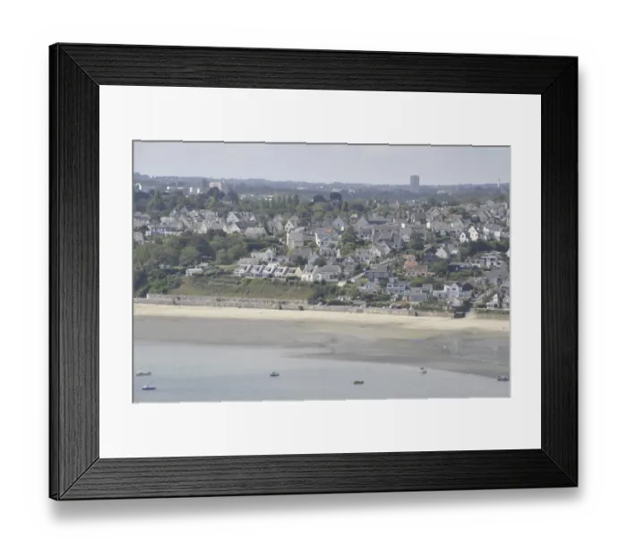 Framed Print : Plerin sur mer, View of a coastal town with numerous houses