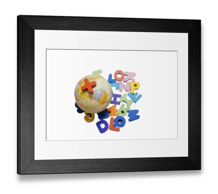 Framed Print : Colored wooden letters of the English alphabet on a white background