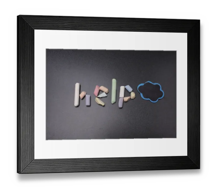 Framed Print : Help word written incoloured chalk on a black chalkboard