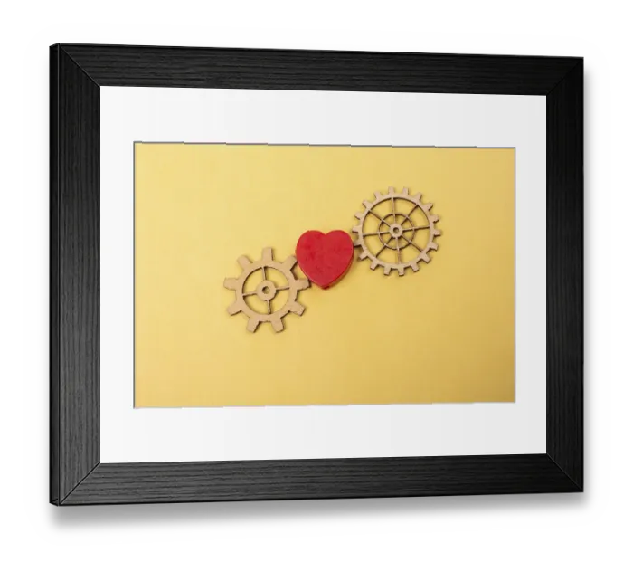 Framed Print : Heart shaped icon and Wooden cogwheels as love concepts