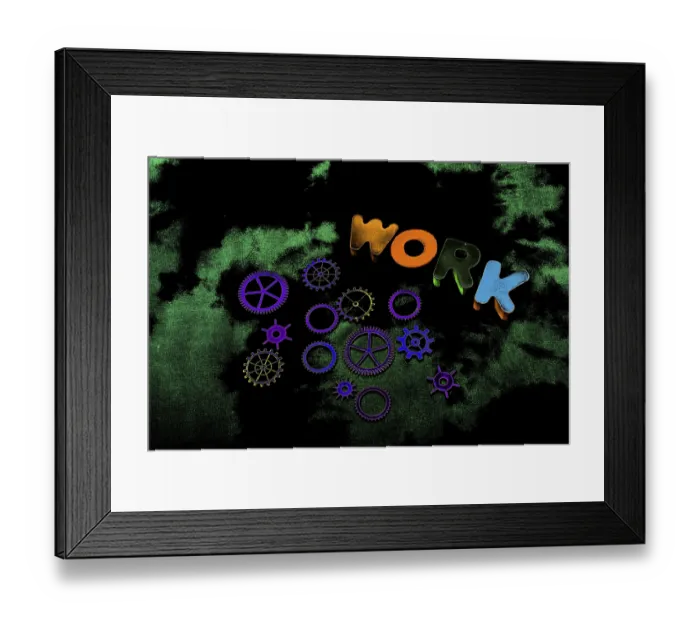Framed Print : Work wording and wooden cogwheels as industry mechanism concept