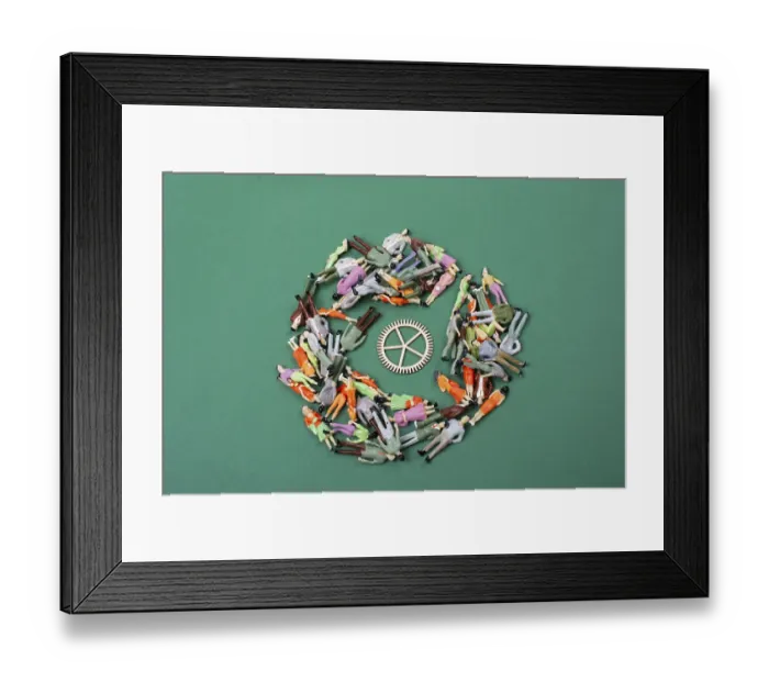 Framed Print : Colorful diverse miniature people figurines make crowd on ground