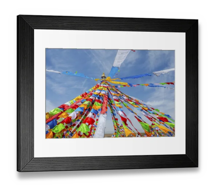 Framed Print : Colorful tibetan buddhist praying flags in the wind next to Chaqia salt lake