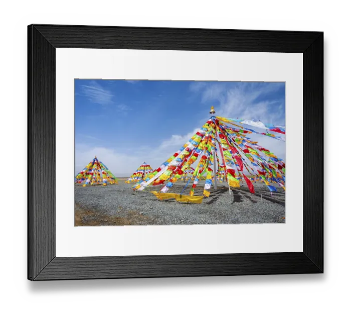 Framed Print : Colorful tibetan buddhist praying flags in the wind next to Chaqia salt lake