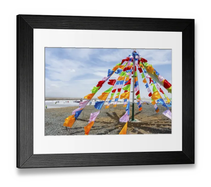 Framed Print : Colorful tibetan buddhist praying flags in the wind next to Chaqia salt lake