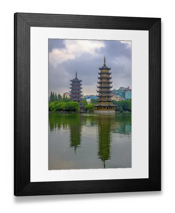 Framed Print : Two towers, pagodas of Sun and Moon by the lake Framed Print : Two towers, pagodas of Sun and Moon by the lake