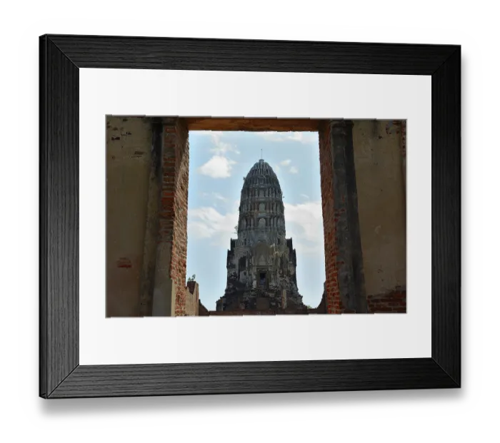 Framed Print : Crumbling brick walls frame a majestic ancient prang under a partly cloudy sky