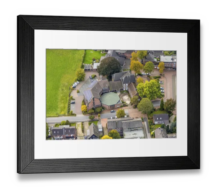 Framed Print : Aerial view, town hall municipality Hunxe city administration with solar roof Framed Print : Aerial view, town hall municipality Hunxe city administration with solar roof