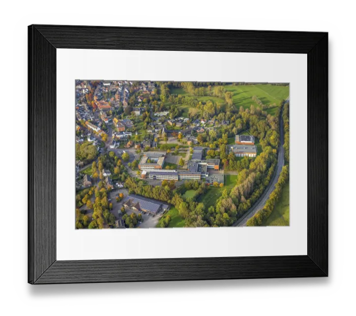 Framed Print : Aerial view, school centre with Stadt Framed Print : Aerial view, school centre with Stadt
