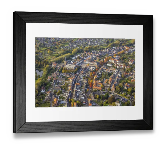 Framed Print : Aerial view, aerial view residential area with catholic church St