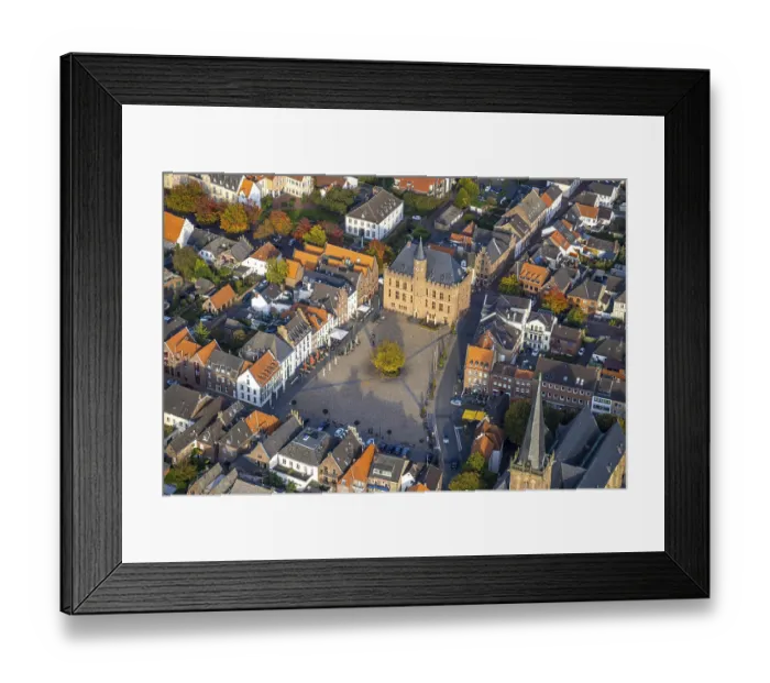 Framed Print : Aerial view, historic houses with gastronomy at the market place and tree in the centre