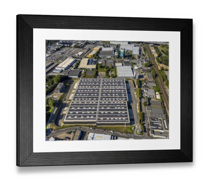 Framed Print : Aerial view, new building Avery Dennison Materials GmbH print image provider with solar roof