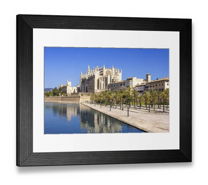 Framed Print : View at the famous Palma Cathedral with reflections in the water a sunny summer day