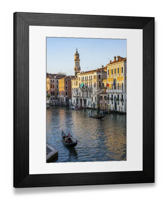 Framed Print : View of the Grand Canal with gondoliers at sunset