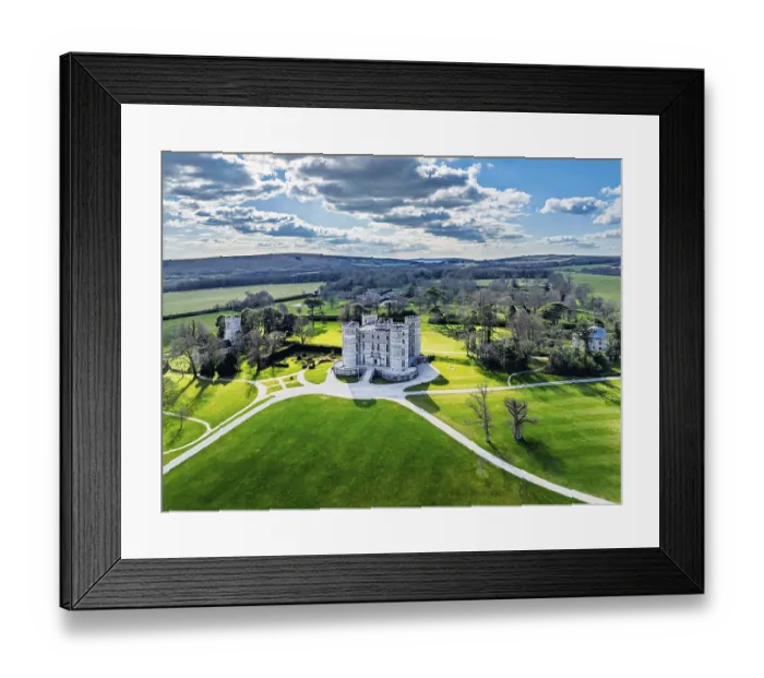 Framed Print : Lulworth Castle from a drone, Lulworth Estate Framed Print : Lulworth Castle from a drone, Lulworth Estate