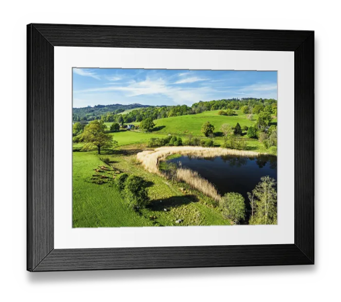 Framed Print : Farms over Esthwaite Water from drone