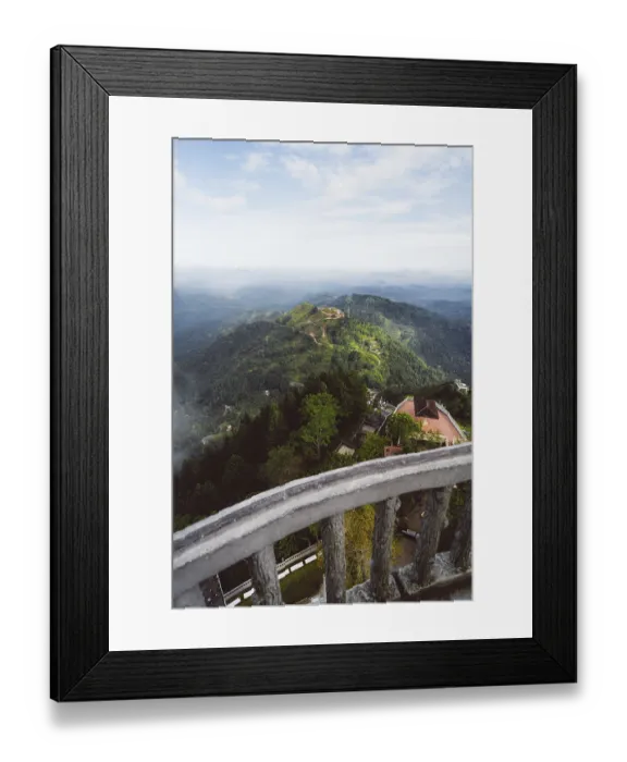 Framed Print : View from a platform over a hilly green landscape