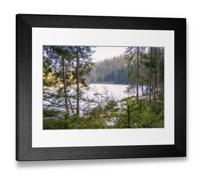 Framed Print : Snow-covered lake with surrounding coniferous forests and a tranquil lakeside panorama