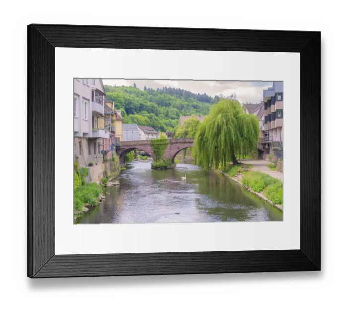 Framed Print : River with old stone bridge and overhanging willow in a peaceful