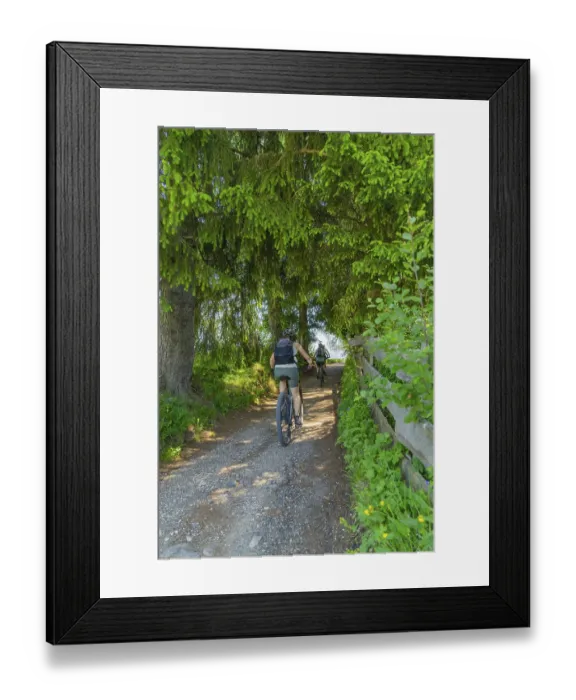 Framed Print : Two cyclists on a forest path, surrounded by dense trees