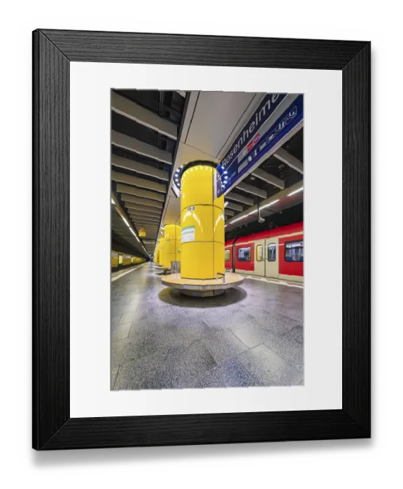 Framed Print : Underground station with striking yellow columns and urban ambience