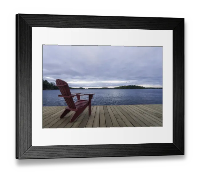 Framed Print : Known as Muskoka or Adirondack chairs sit on a dock at a resort in Muskoka