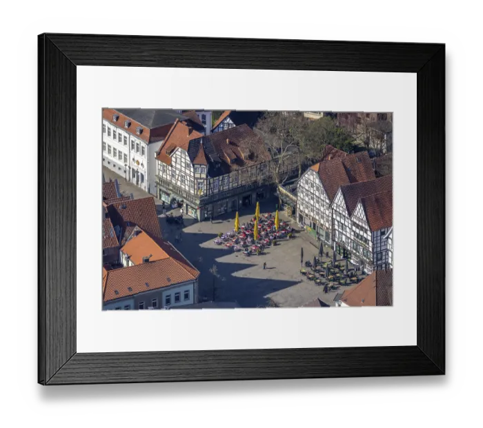 Framed Print : Aerial view, Soest market square with outdoor catering and half-timbered houses