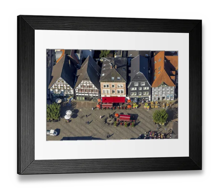 Framed Print : Aerial view, half-timbered houses at Unna market