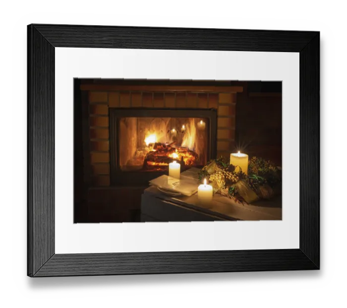 Framed Print : Christmas floral decoration with wafer in front of firepace Framed Print : Christmas floral decoration with wafer in front of firepace