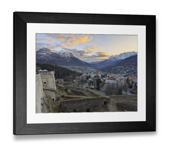 Framed Print : Vast landscape view of a mountain village at sunrise