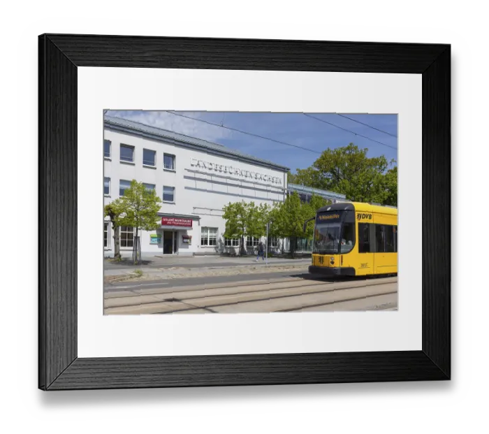Framed Print : Tram line 4 in front of the theatre Landesbuhnen Sachsen in Radebeul- Weintraube Framed Print : Tram line 4 in front of the theatre Landesbuhnen Sachsen in Radebeul- Weintraube