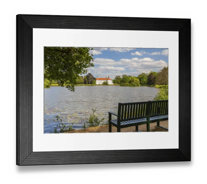 Framed Print : Water lilies (Nymphaea) on the castle pond with a view of the Furstlich Drehna moated castle