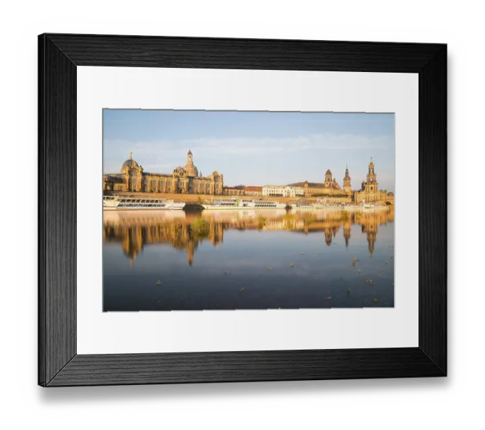Framed Print : Silhouette of the Old Town with reflection in the Elbe in the morning Framed Print : Silhouette of the Old Town with reflection in the Elbe in the morning