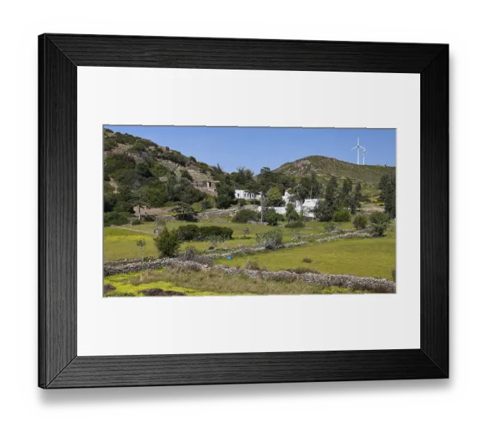 Framed Print : Rural area with stone walls and windmill on a grassy ridge Framed Print : Rural area with stone walls and windmill on a grassy ridge