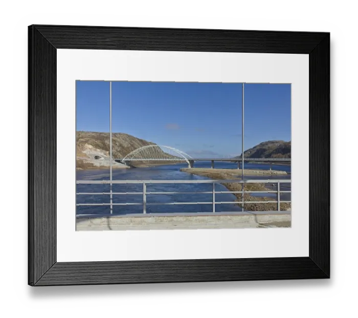 Framed Print : View of bridge on the E105 road at Elvenes in sunny spring weather