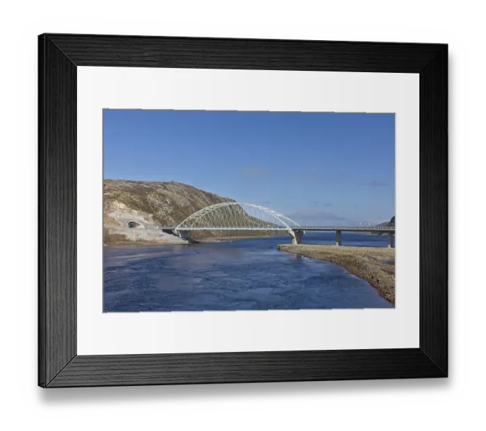 Framed Print : View of bridge on the E105 road at Elvenes in sunny spring weather Framed Print : View of bridge on the E105 road at Elvenes in sunny spring weather