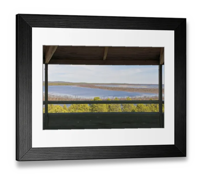 Framed Print : View from wooden Toivoniemi bird watching tower in spring with clouds in the sky