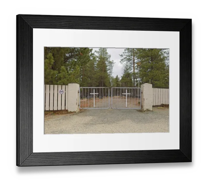 Framed Print : Metal cemetery gates with a cross in cloudy spring weather