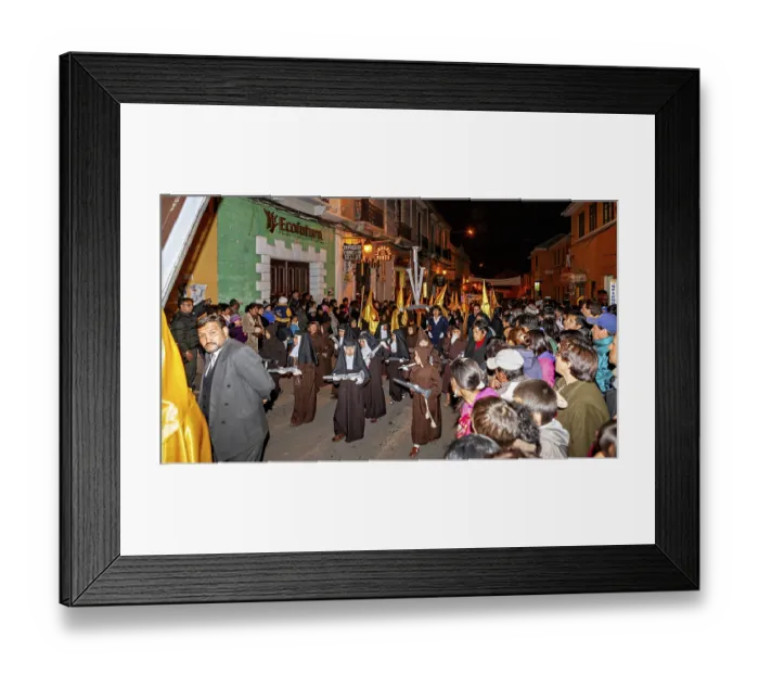 Framed Print : People in brown hooded cloaks with crosses