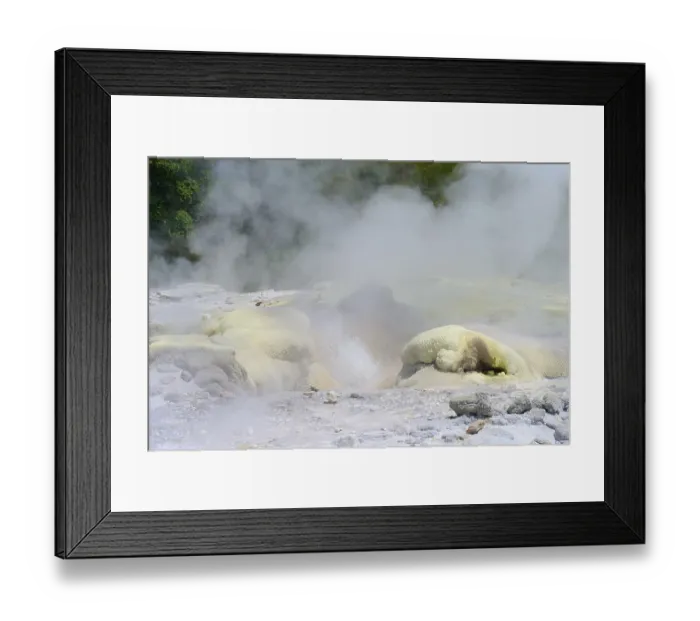 Framed Print : Yellowish sulphur deposit on volcanic rock formations with rising steam Framed Print : Yellowish sulphur deposit on volcanic rock formations with rising steam