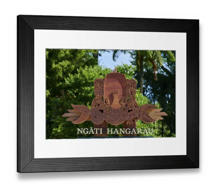 Framed Print : Decorated wooden sign with Maori motifs