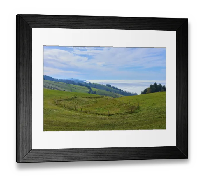 Framed Print : Green fields on rolling hills with scattered trees