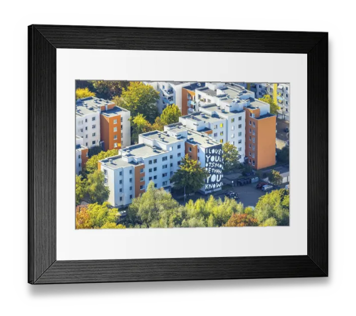 Framed Print : Aerial view, housing estate SemperstraBe and Gropiusweg with graffiti i love you lots more than you know