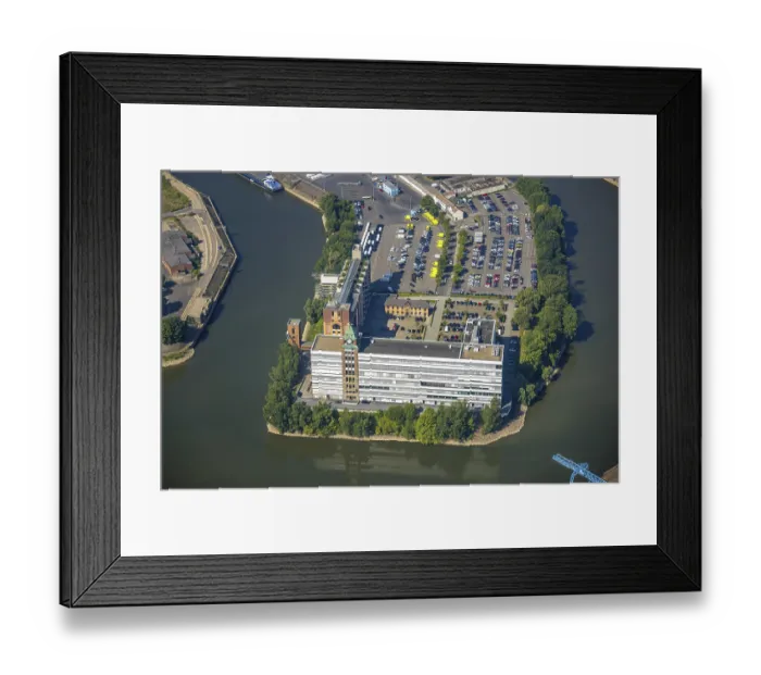 Framed Print : Aerial view, Medienhafen, Plange Muhle hospital building and office and residential buildings Framed Print : Aerial view, Medienhafen, Plange Muhle hospital building and office and residential buildings
