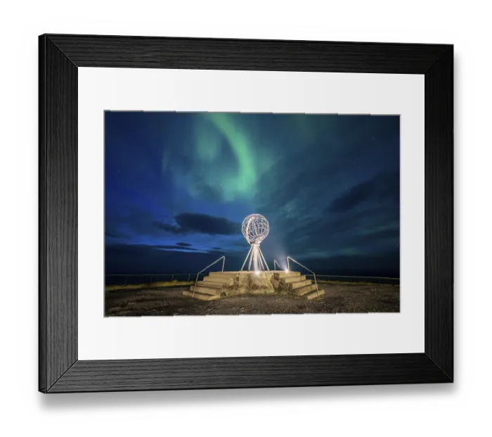 Framed Print : Northern Lights at the North Cape with steel globe