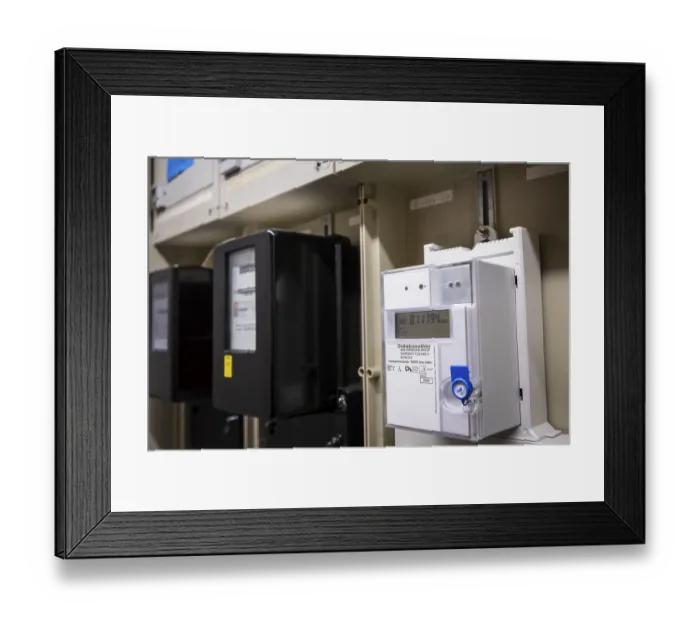 Framed Print : Various rotary electricity meters in a control cabinet in Wuppertal