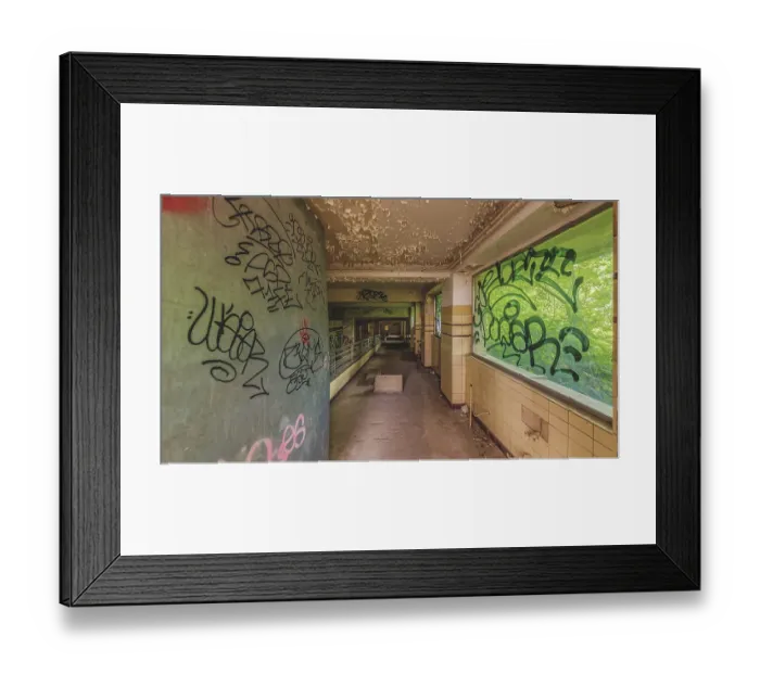 Framed Print : Artistically designed abandoned corridor with graffiti and decaying elements Framed Print : Artistically designed abandoned corridor with graffiti and decaying elements